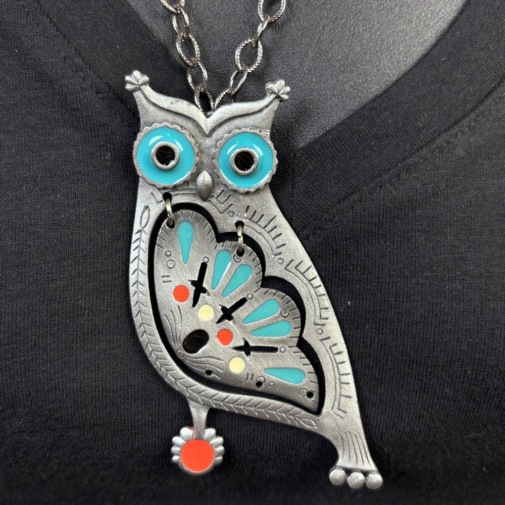 Vintage Golden Crown Owl Necklace Pewter Enamel Hoot Couture 21.5" Blue Red